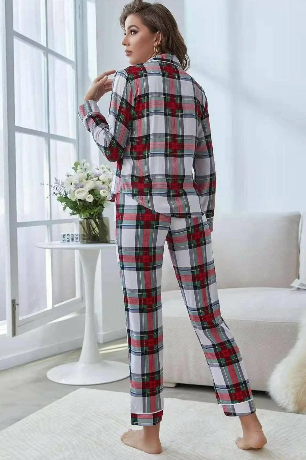 Chic plaid lounge set - button-up, cropped pants - Love Salve
